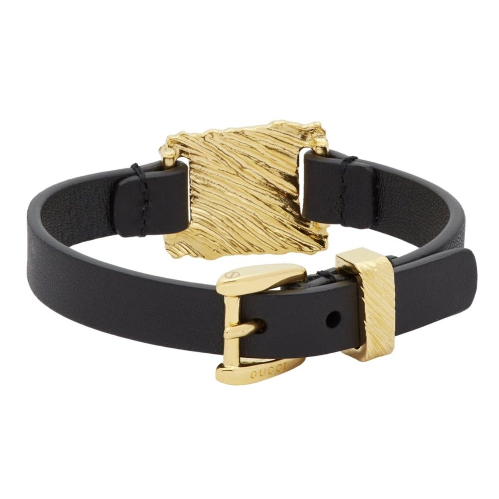 Gucci GG Textured Metal & Leather Bracelet Black NEW IN BOX - Picture 4 of 8